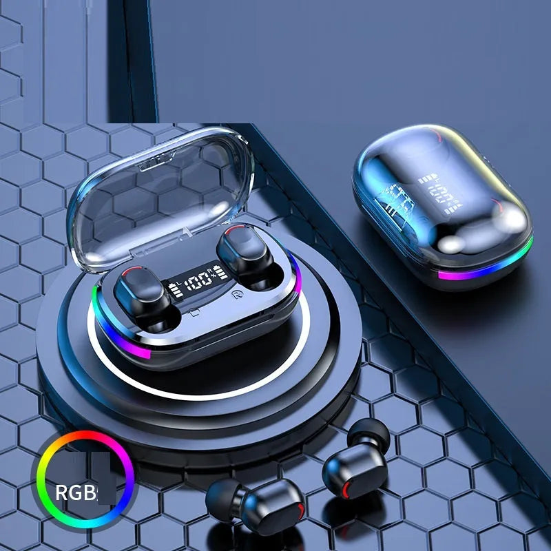 Black sports TWS Bluetooth earbuds with touch controls, shown in a charging case.