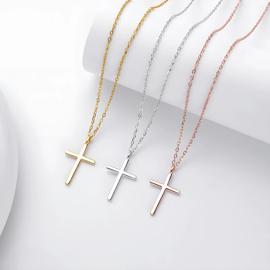 S925 sterling silver necklace with glossy cross pendant on O-shaped chain