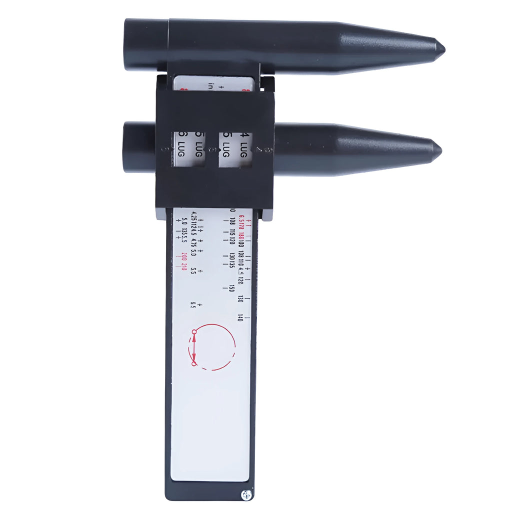 Electronic digital hole distance ruler on a workshop bench.