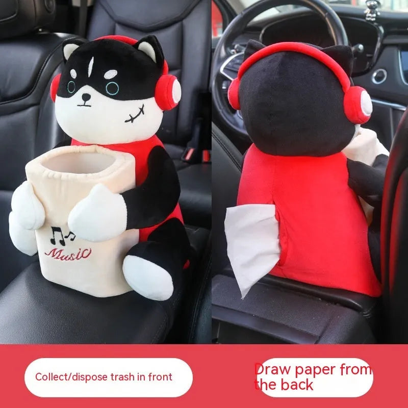Plush car tissue box hanging on vehicle armrest with character design options