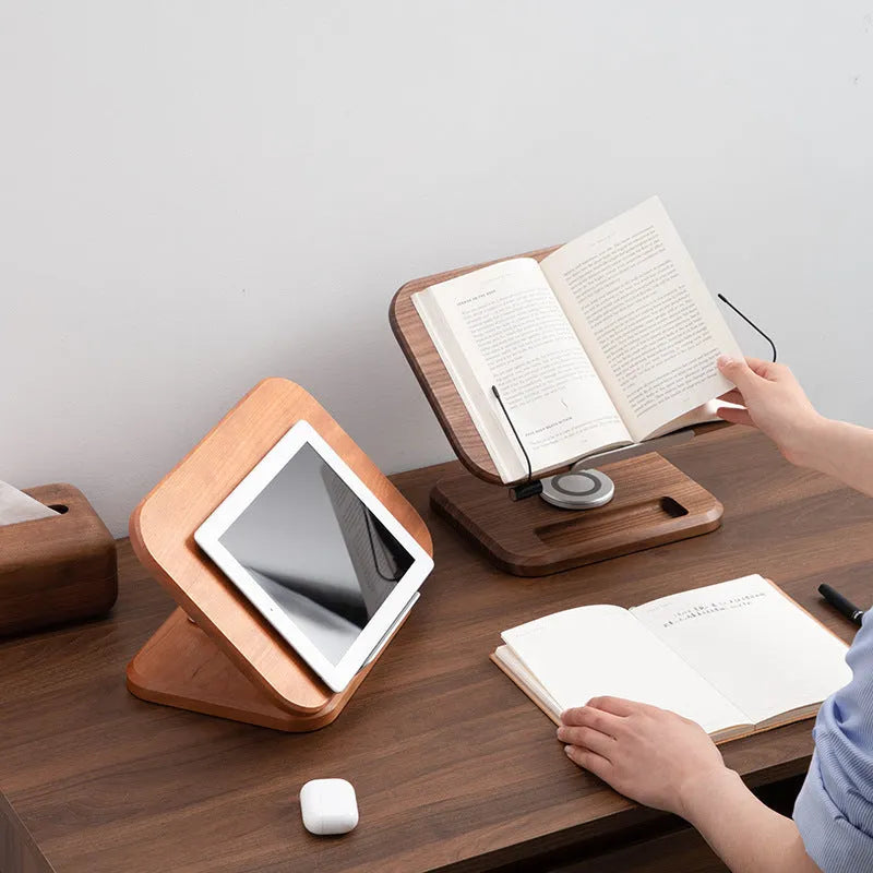 Black walnut solid wood adjustable rotating reading rack and iPad bracket in walnut colour