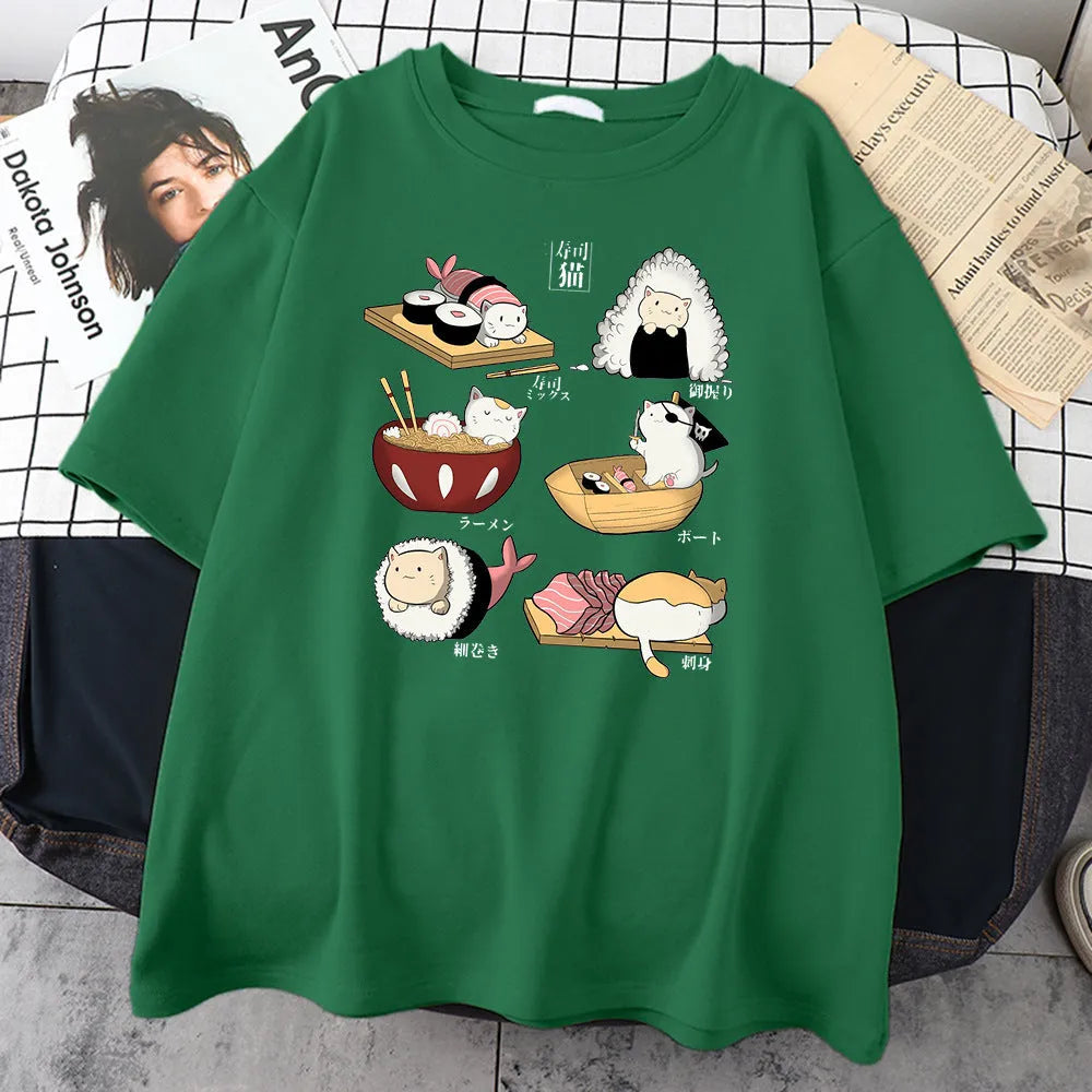 Men's black cotton T-shirt with white cat sushi cartoon design on chest, short sleeves, loose fit
