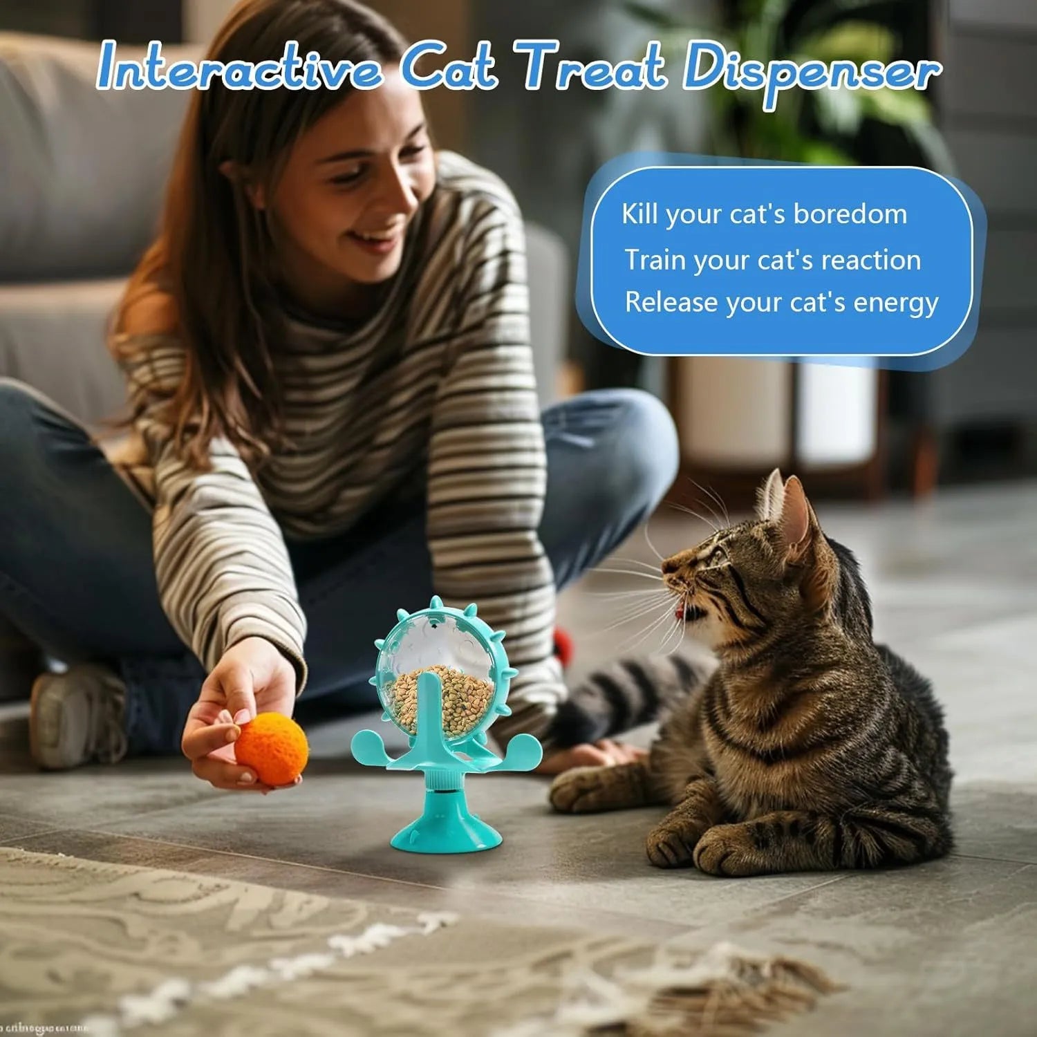 Interactive pet puzzle feeder toy with rotating food dispenser and sucker base in multiple colours
