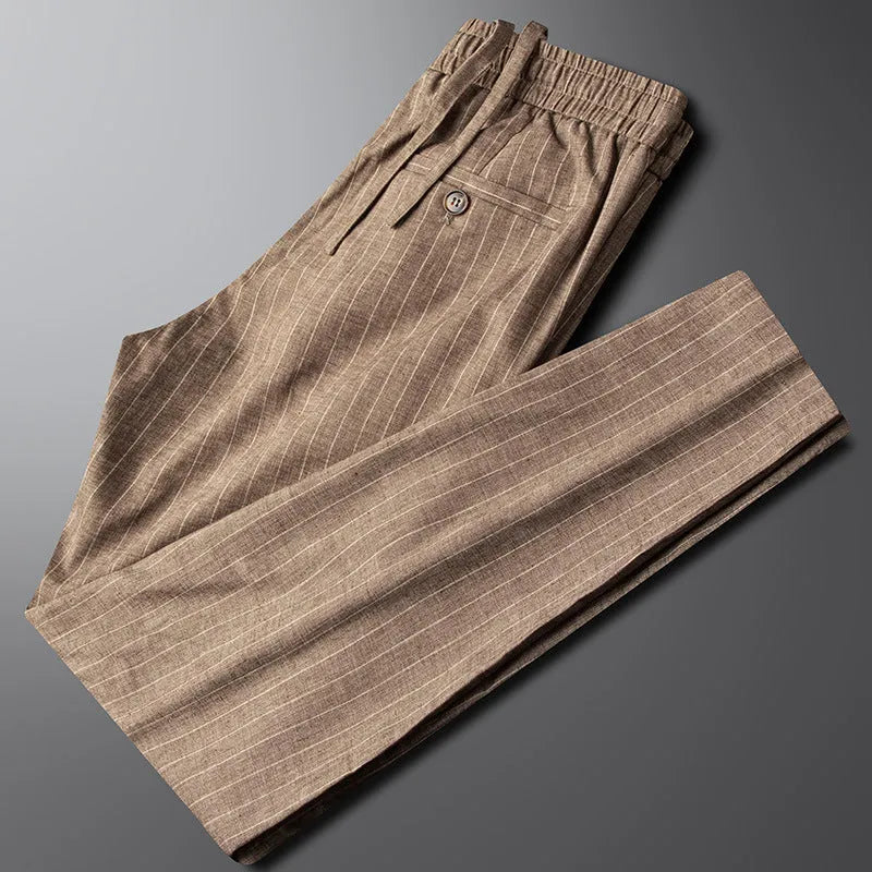 Men's casual linen striped trousers in blue gray, showing elasticated waist and straight leg