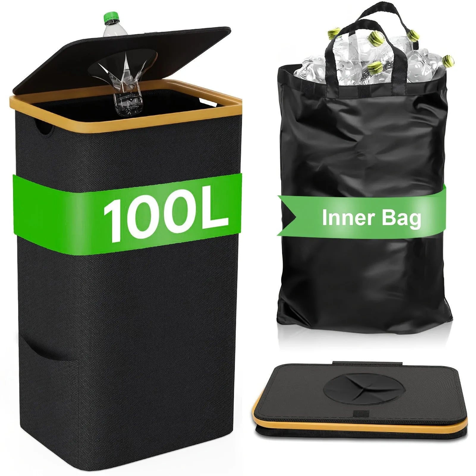 Black bamboo pattern laundry basket with removable lid and inner pockets