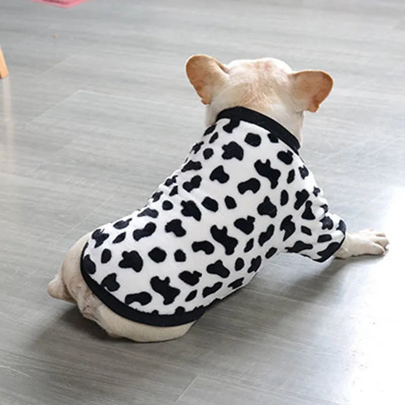 Fleece pet sweater in Chinese style, dark green cow pattern, on a small dog, size S
