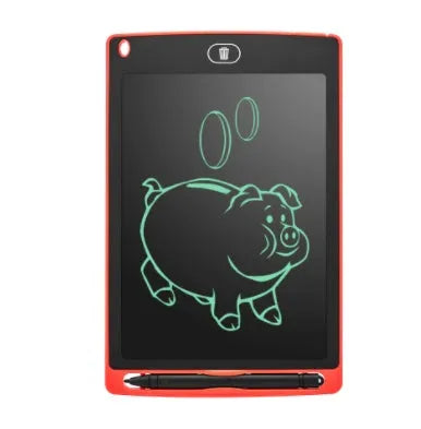 LCD drawing tablet for kids in light blue, showing colourful lines drawn with a plastic stylus.