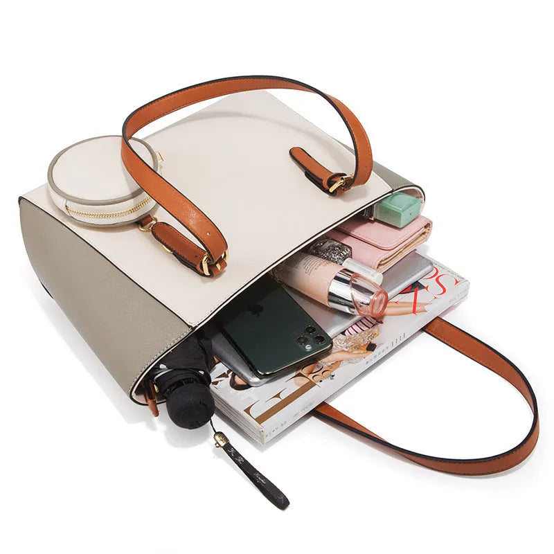 Fashion large capacity three-in-one PU Saffiano bag set in khaki with contrast colour details and double shoulder straps