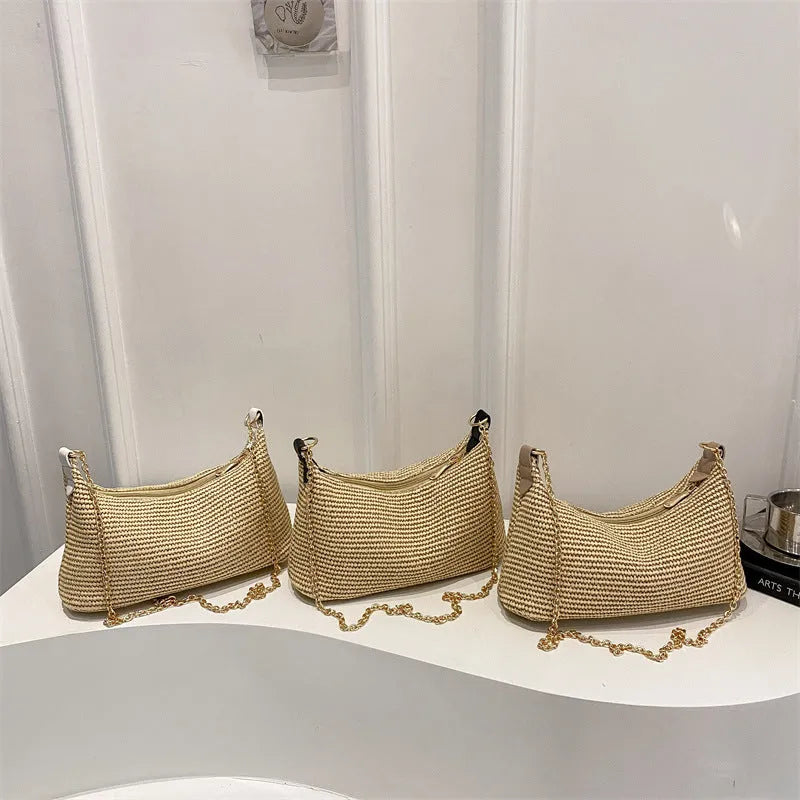 Women's woven straw crossbody bag with phone compartment in khaki colour