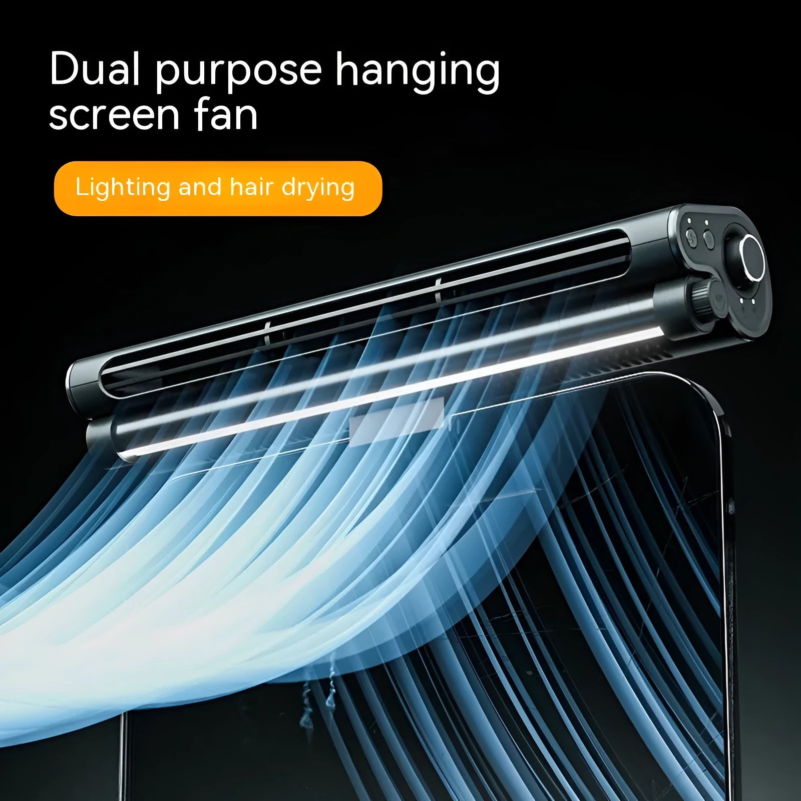 Black USB-powered bladeless fan with integrated lighting lamp clipped to computer screen