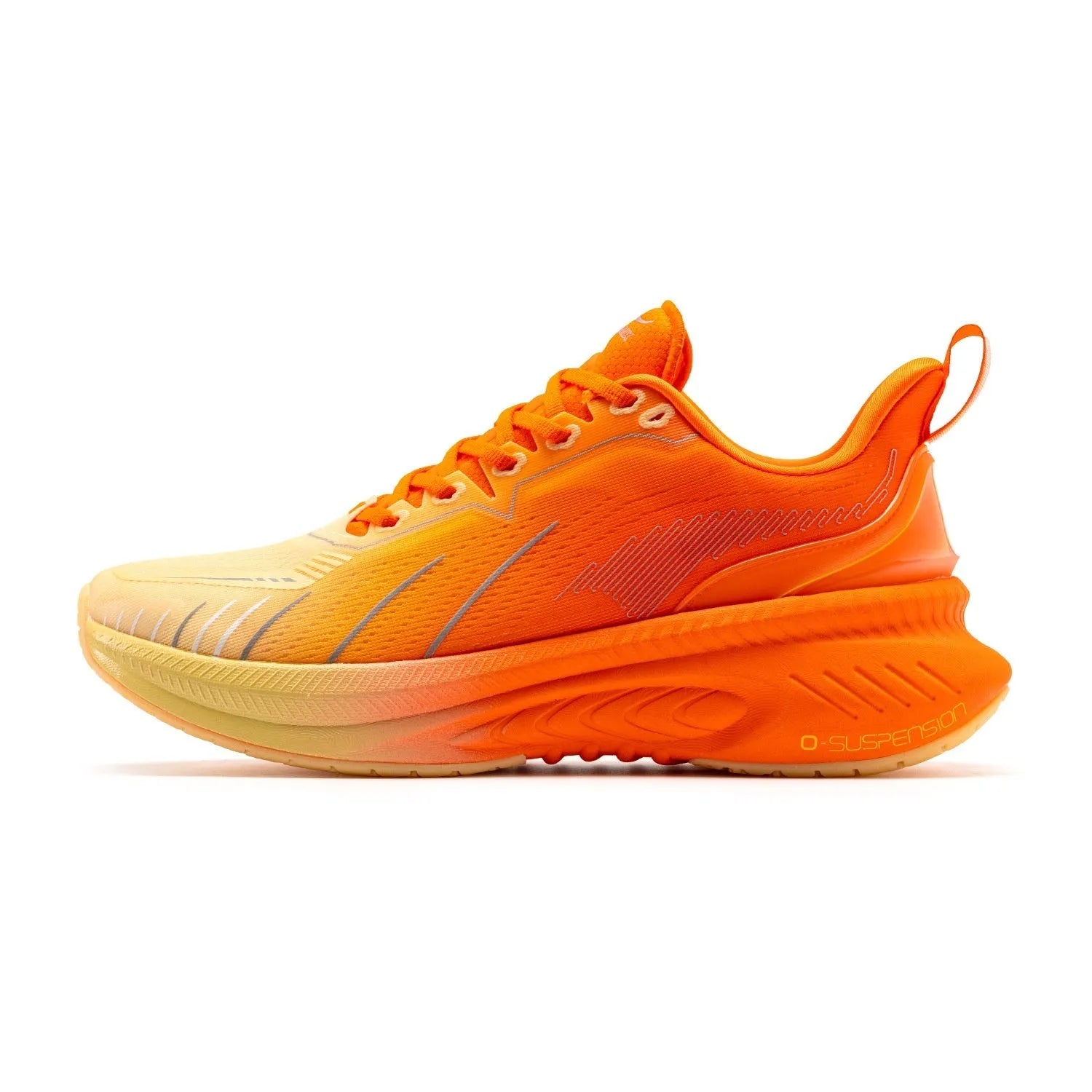 Low top running shoes in PU mesh with embroidery detail, shown in a red colourway on a rubber sole.