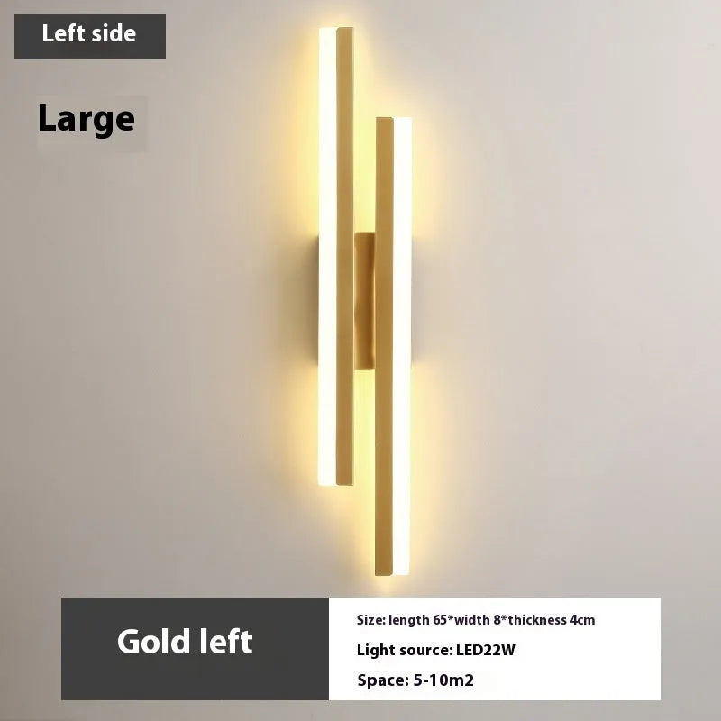 Modern minimalist Scandinavian LED wall light with acrylic shade in black or gold finish, shown in 48cm, 50cm, and 65cm sizes.