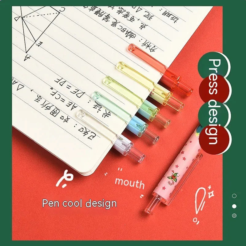 Christmas cartoon-themed plastic signature pen set with six black ink cartridge refills