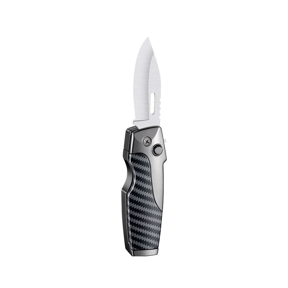 Zinc alloy metal folding lighter tool with integrated knife, shown in a carbon fibre finish.