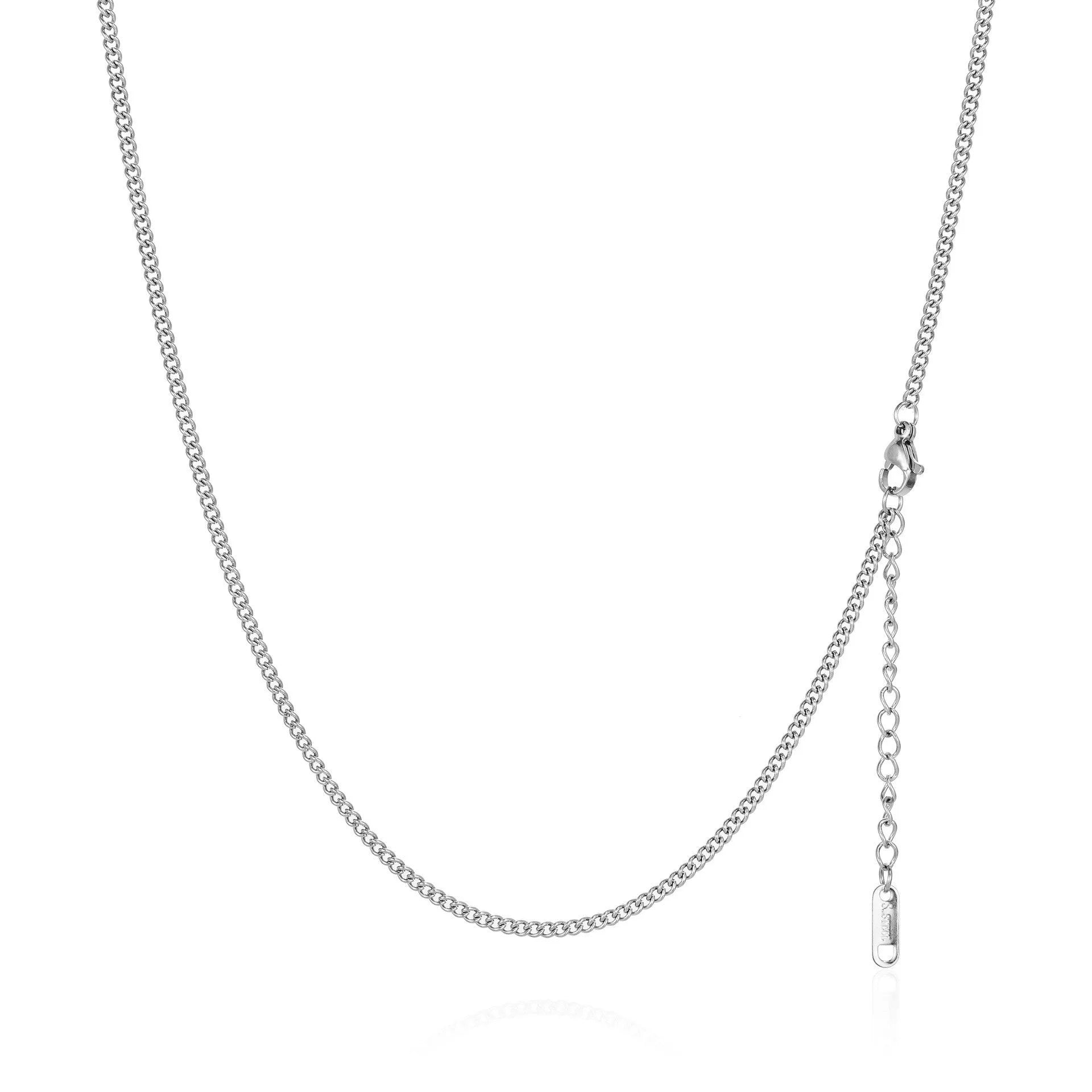 Women's stainless steel necklace with 18K gold hollow round pendant and O-link chain on neutral background