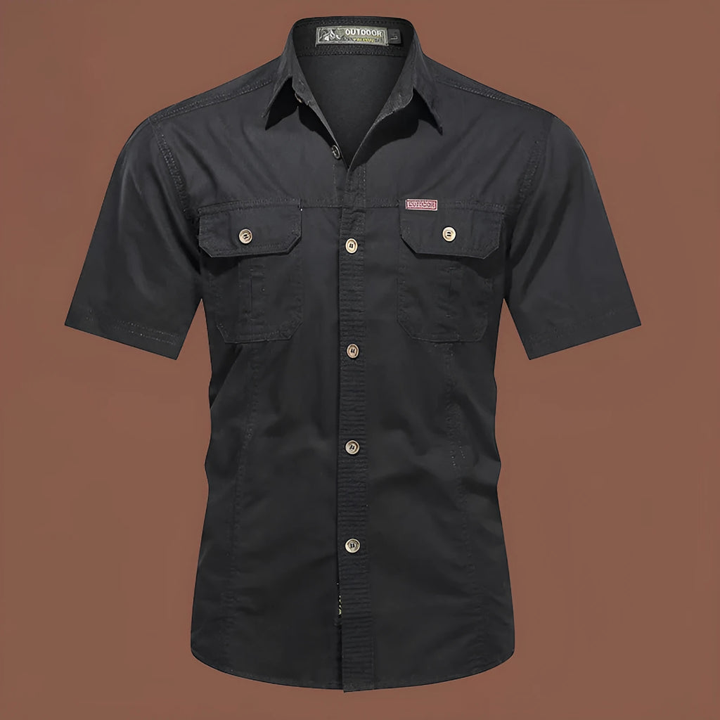 Men's loose-fitting short sleeve cotton work shirt in army green, shown in a cardigan style.