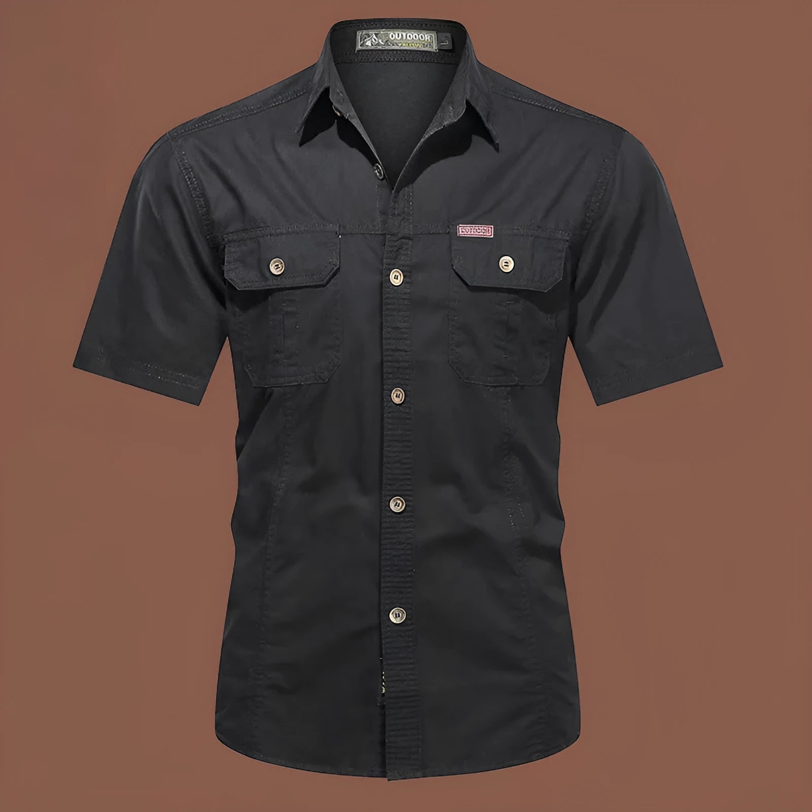 Men's loose-fitting short sleeve cotton work shirt in army green, shown in a cardigan style.