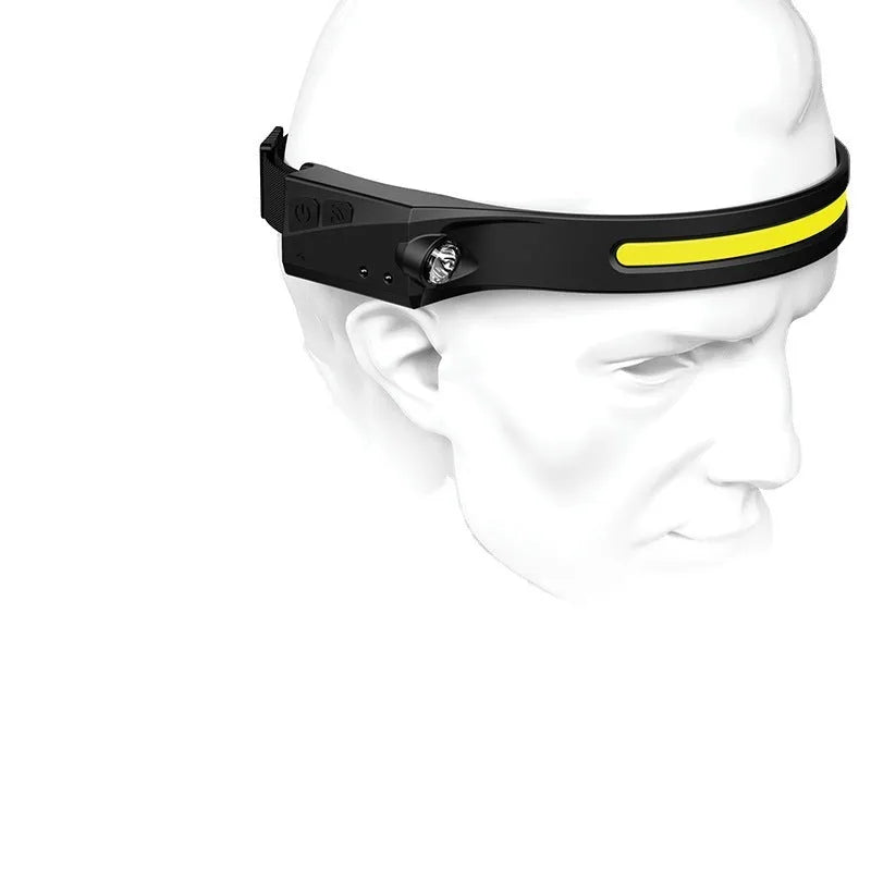 Black silicone USB rechargeable LED headlamp with side wave sensor, showing wide beam and long-range lighting.