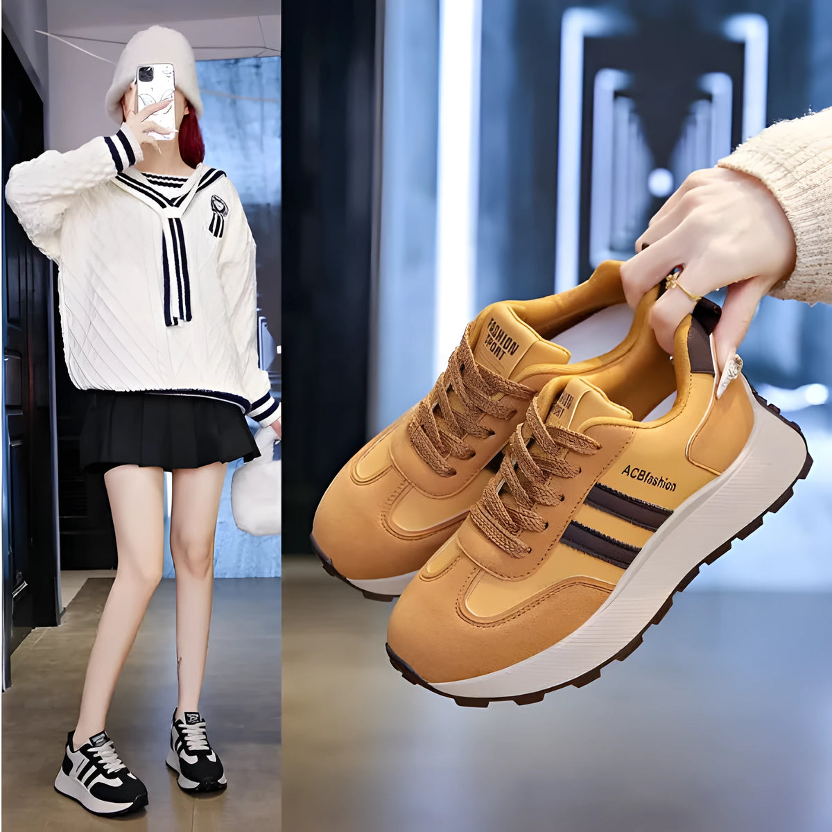 Ladies' thick soled casual shoes with stripe pattern, synthetic leather upper, round toe, in black, yellow, and coffee colours