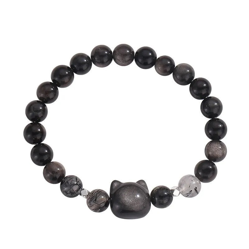 Silver obsidian cat bracelet with engraved design and electroplated finish