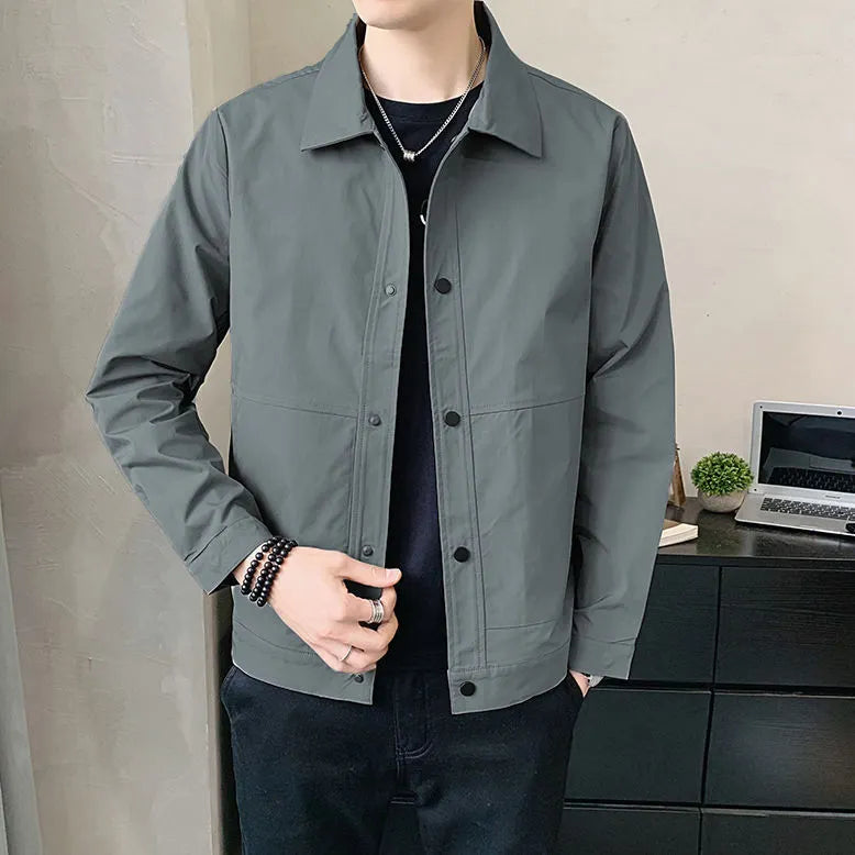 Korean style men's thin single-layer jacket in polyester, shown in light grey colour with long sleeves.
