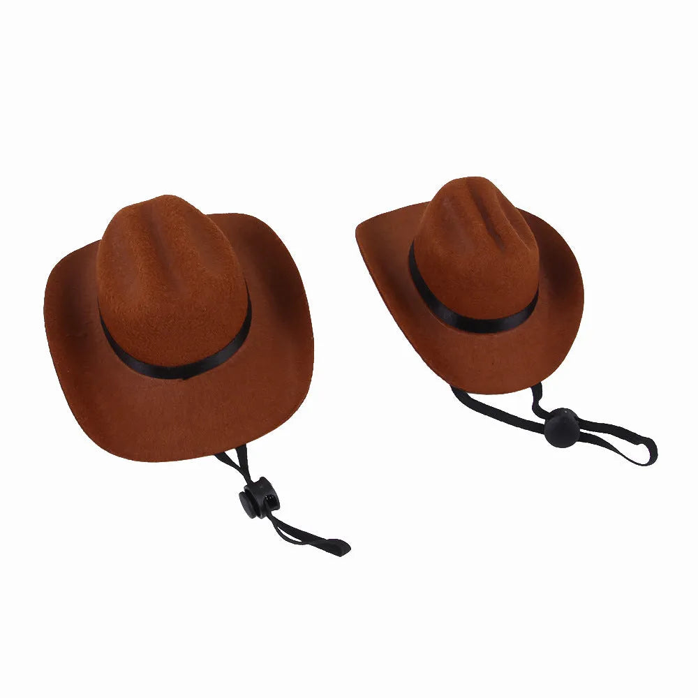 Adjustable dog wearing brown cowboy hat with rounded brim for pet photography