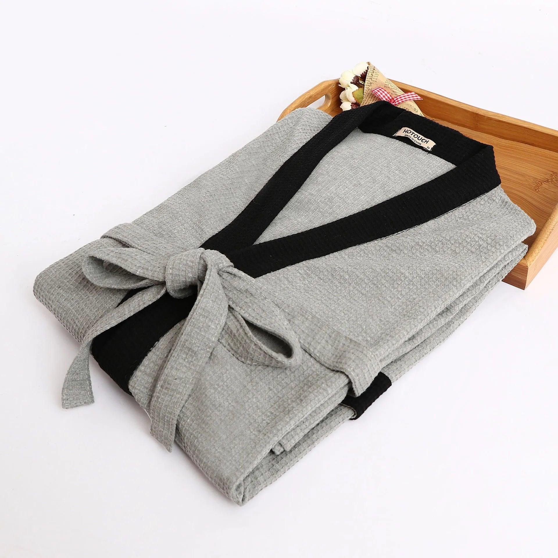 Cotton waffle robe bathrobe towel cardigan for men in gray black with long sleeves and wide brim