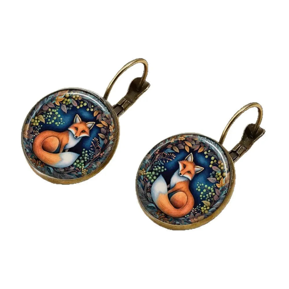 Handmade retro cartoon animal earrings in fox, cat, and chicken designs with alloy and gem glass construction