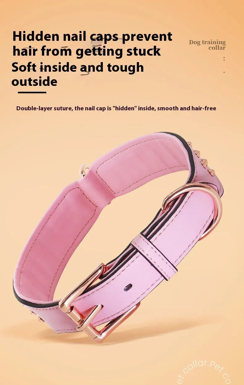 Leather dog collar with stainless steel rivets in black, chocolate, and pink colour options.
