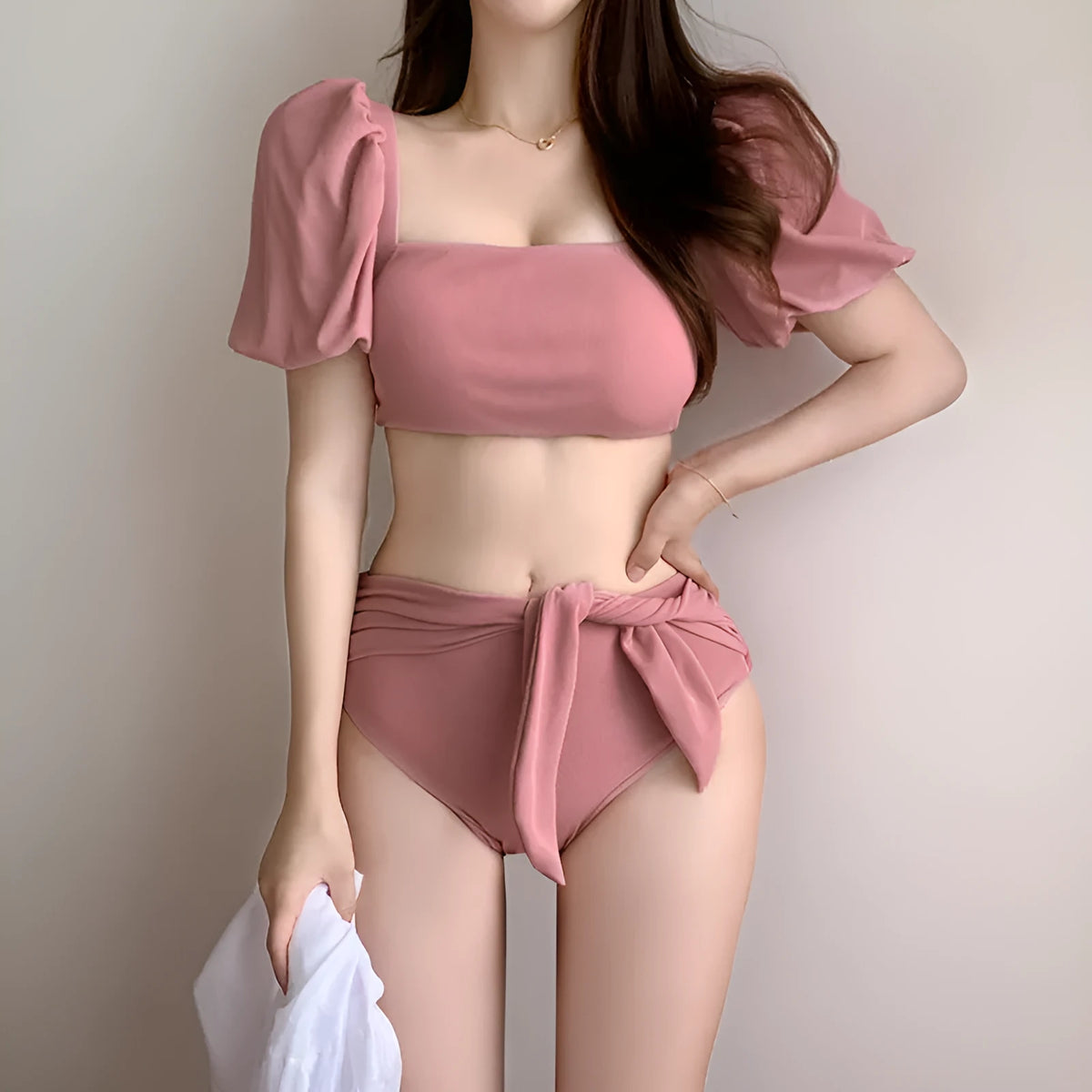 Women's bubble sleeve lace-up bow bikini split swimsuit in picture colour with nylon and spandex material