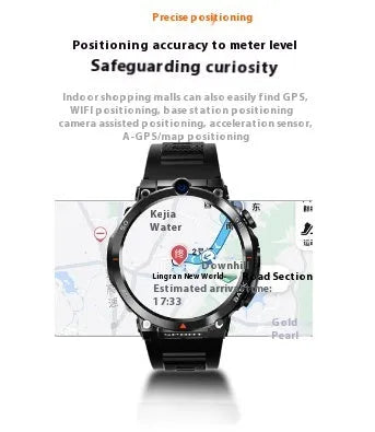 Sports smartwatch with dual cameras showing TFT touchscreen displaying heart rate monitoring and NFC functionality