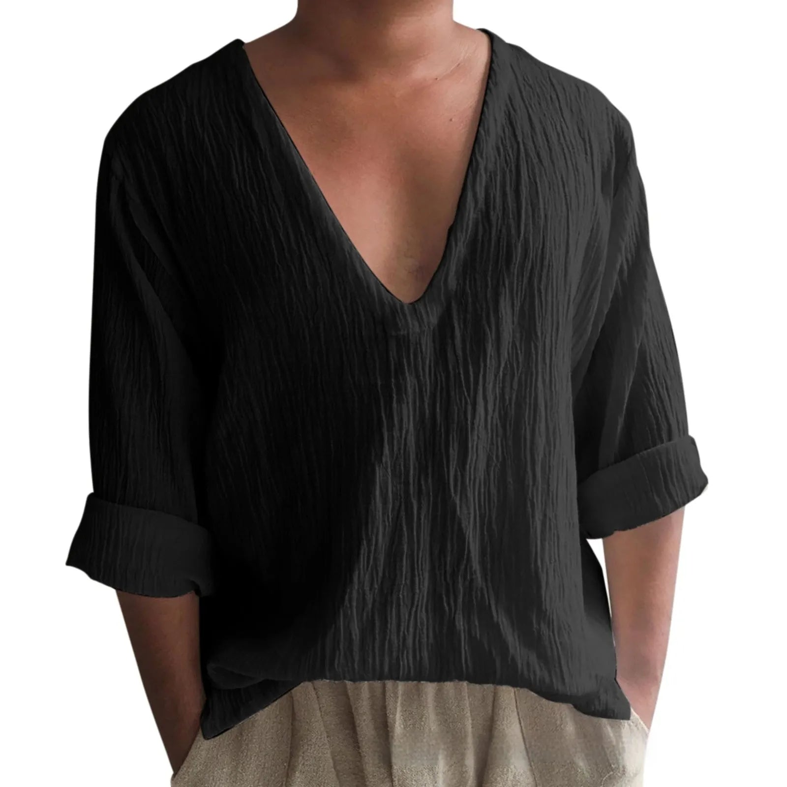Men's long sleeve V-neck T-shirt in washed cotton and linen blend, shown in a solid colour.