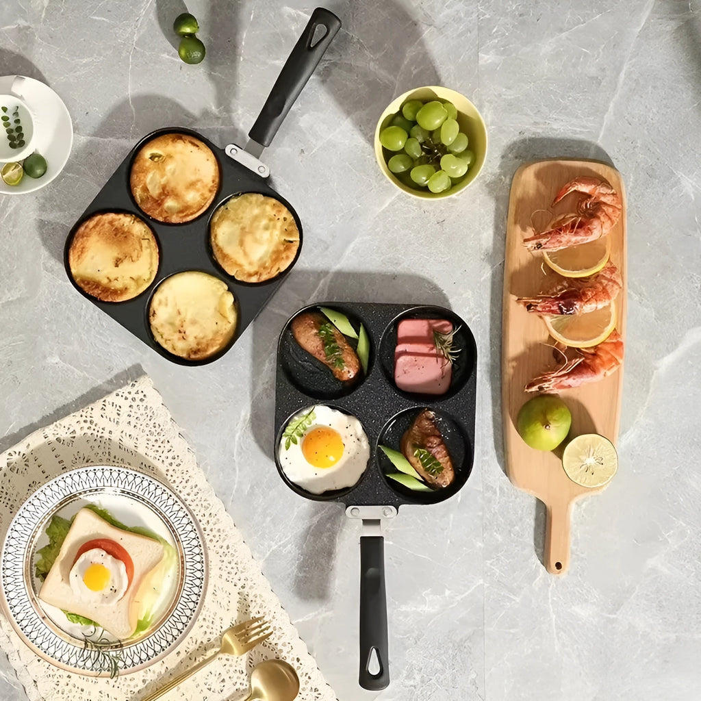 Four-hole aluminium non-stick frying pan with Bakelite handle and cooking accessories