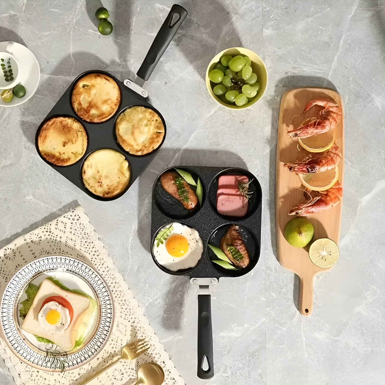 Four-hole aluminium non-stick frying pan with Bakelite handle and cooking accessories