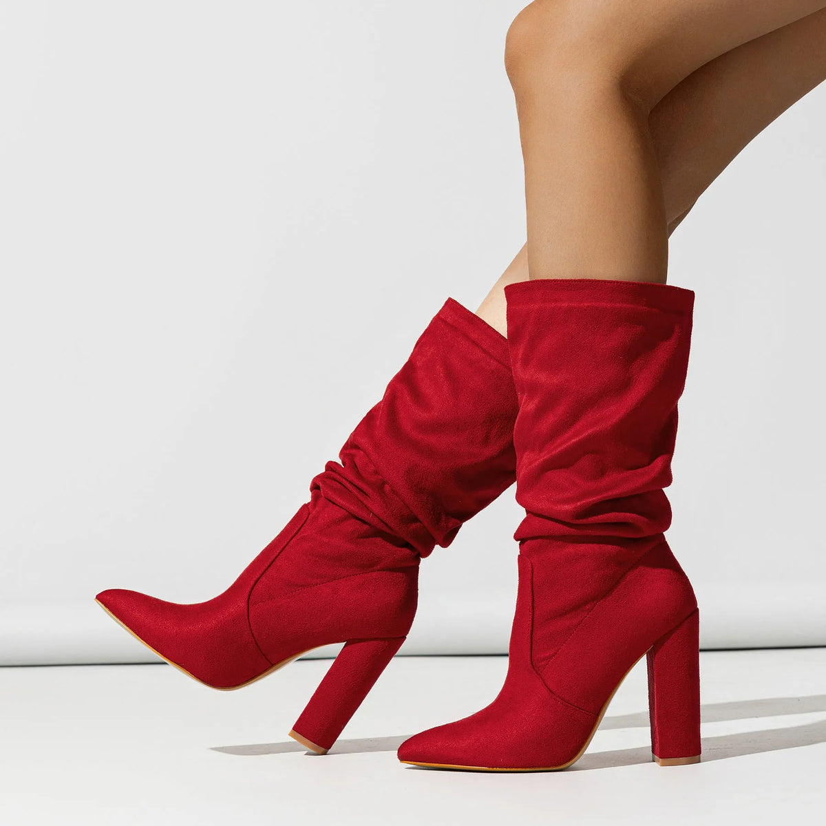 Women's chunky heel pointed-toe pile style boots in black suede with super high heel above 8cm