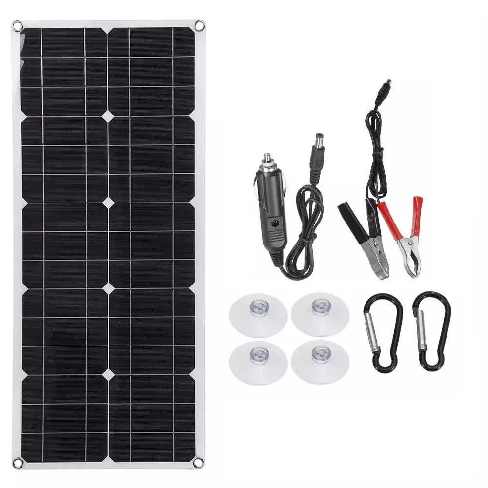 30W semi-flexible solar panel showing USB port and 18V output cable for outdoor charging.
