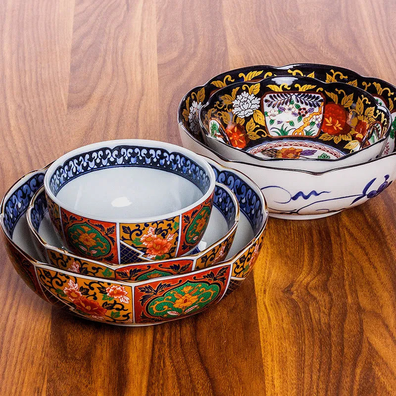 Retro Japanese style 4-inch porcelain bowl with dyed peony pattern and underglaze finish in gold colour