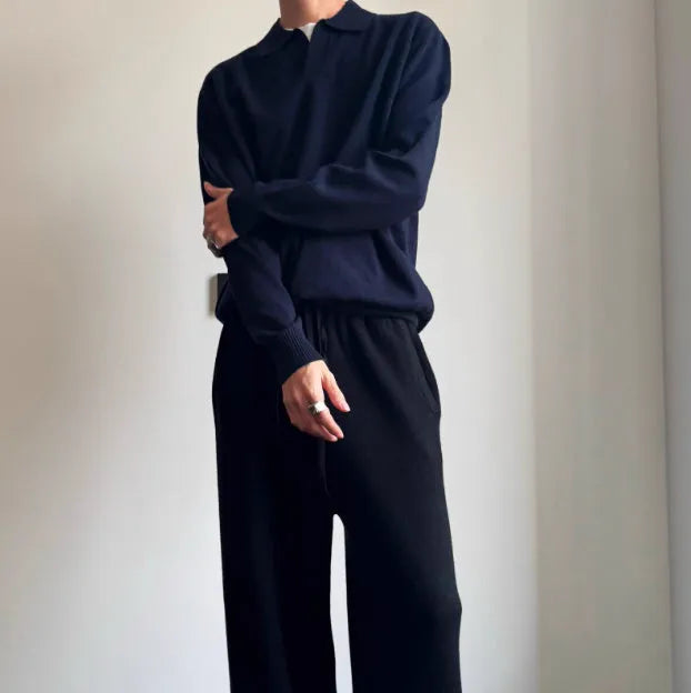 Man's milky white pure wool polo neck sweater with lapel collar and long sleeves.