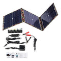 Black foldable solar panel measuring 87cm by 28.5cm with car charger and USB accessories