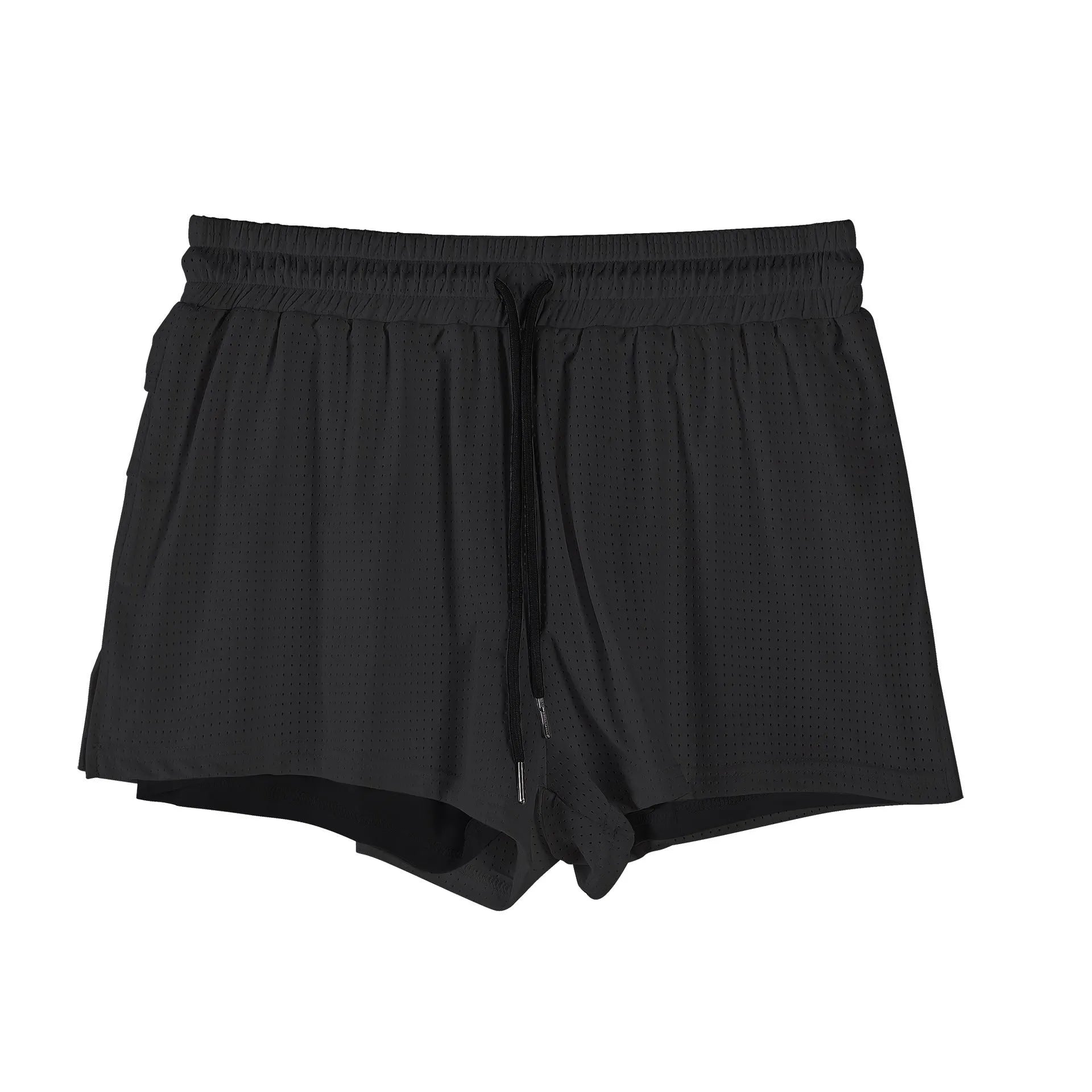 Men's black quick-drying nylon summer shorts on a mid-waist fit model.