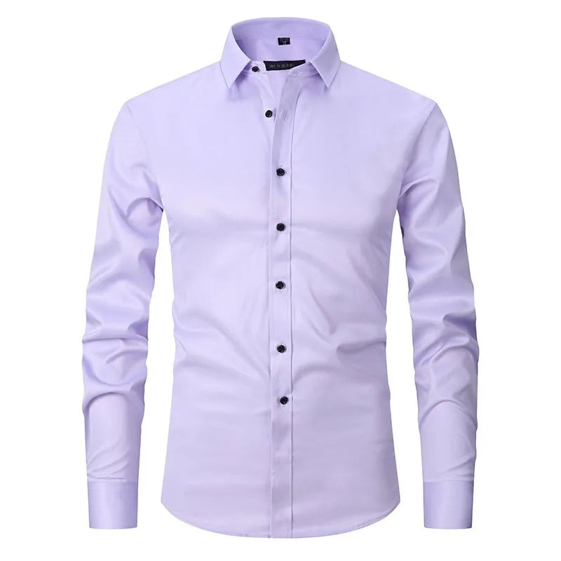 Men's stretch polyester long sleeve work shirt shown in a colour option, laid flat to show design.