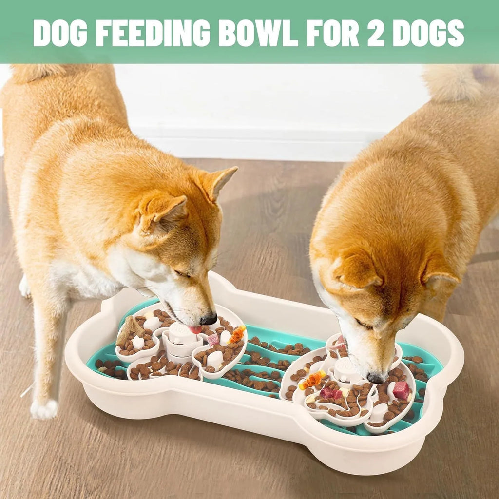 Large green slow feeder dog bowl with three separable puzzle trays and non-slip suction cups on base.