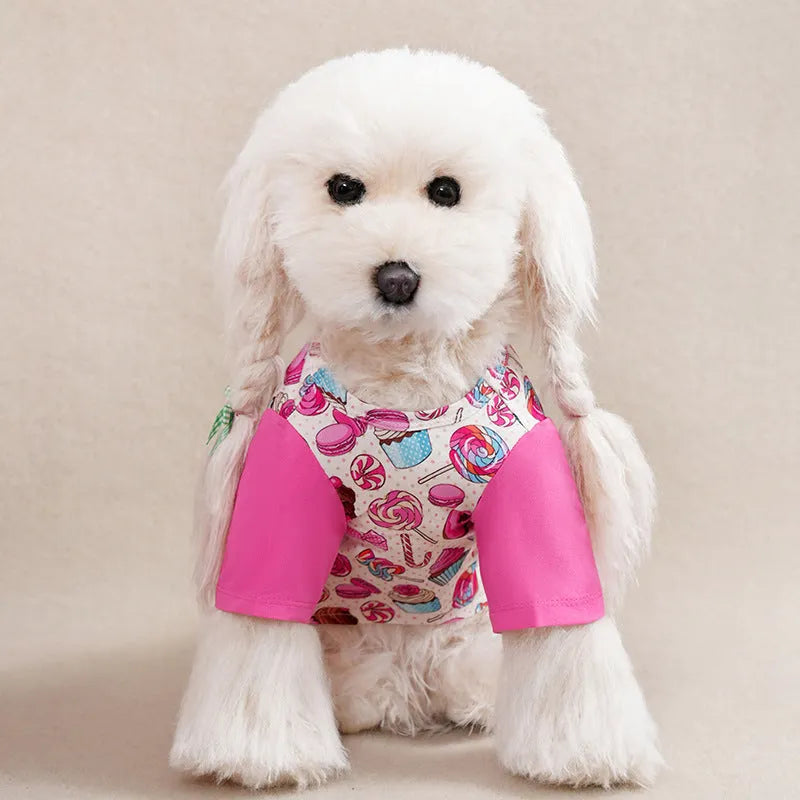Small dog wearing a full printed casual t-shirt for spring and autumn.