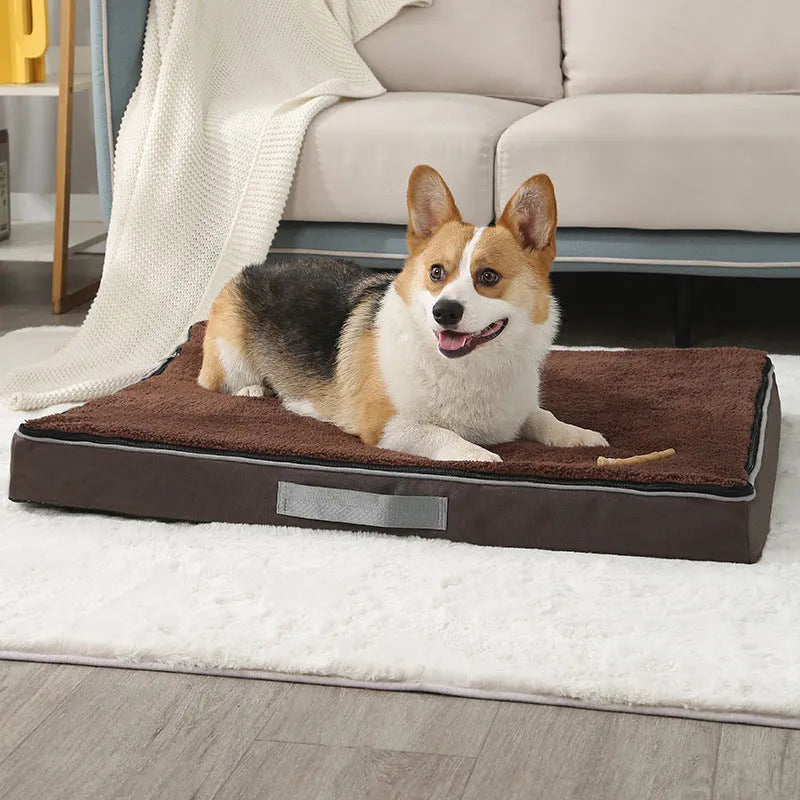 Removable washable sponge dog mat in brown, shown in a domestic setting.