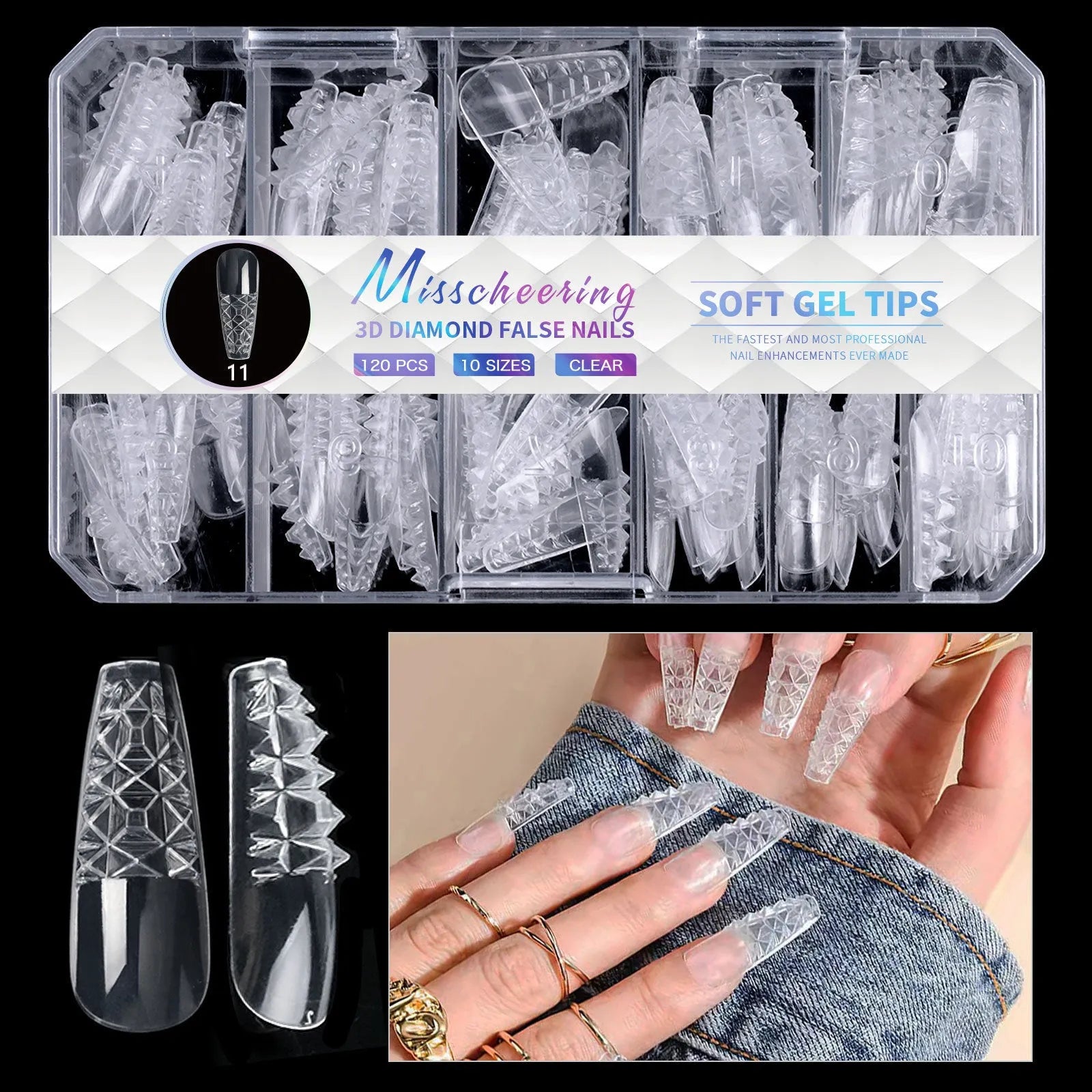 Box of long, shaped false nail tips with glittering diamond texture in various pink and white colours.