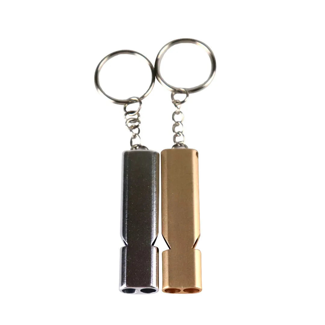 Aluminium alloy double-hole outdoor survival whistle in silver or gold colour