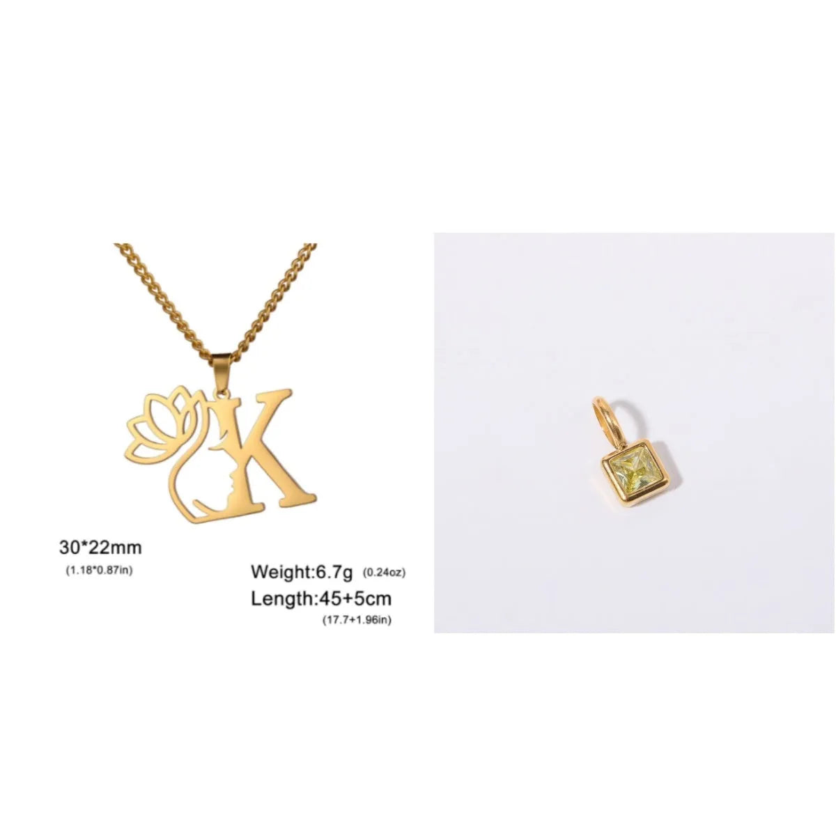 Stainless steel necklace with cross chain and a single initial pendant in a gold or silver finish.