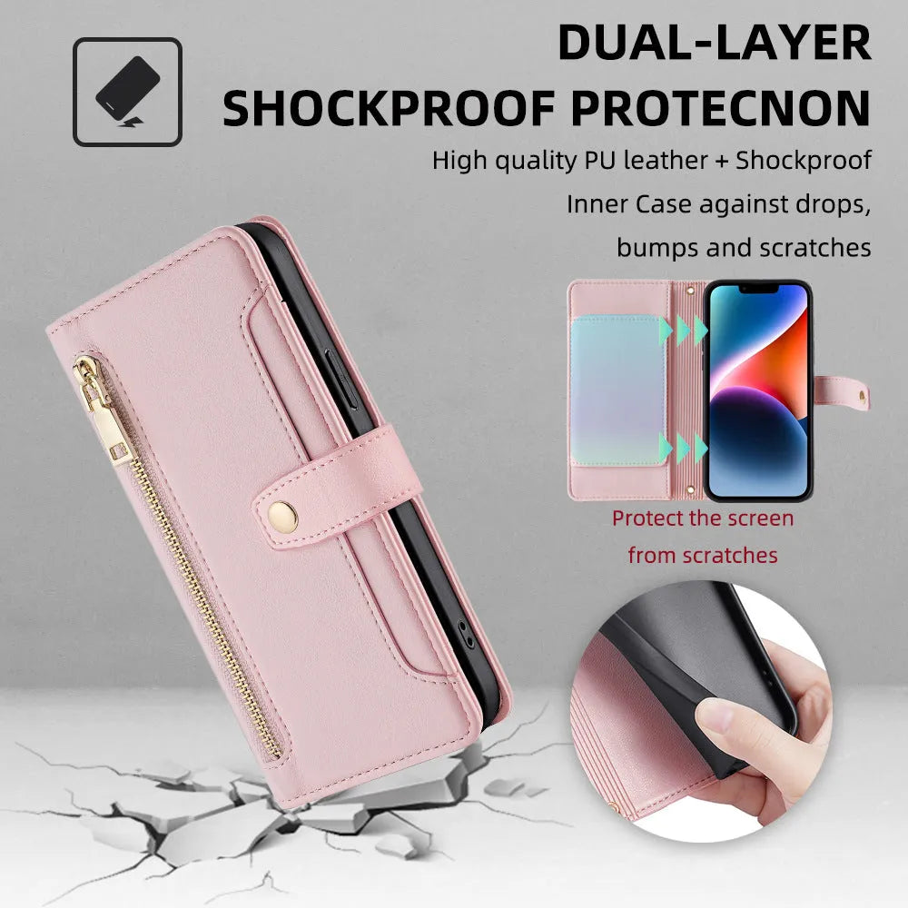 Flip cross-body lanyard phone case with card slot bracket magnetic suction for iPhone Samsung Huawei in black colour