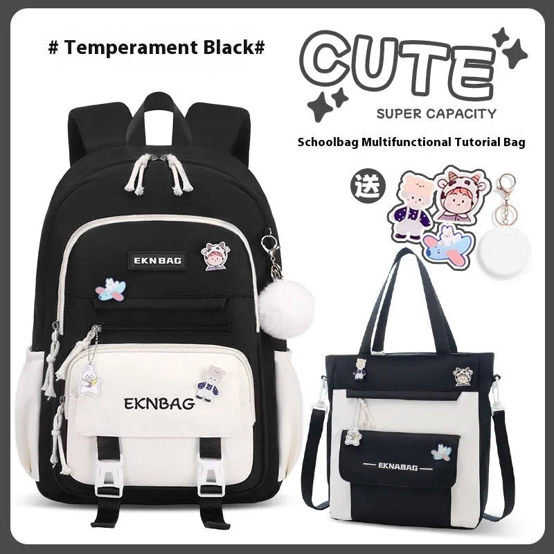 Girls' pink waterproof Oxford cloth school backpack with curved shoulder straps.