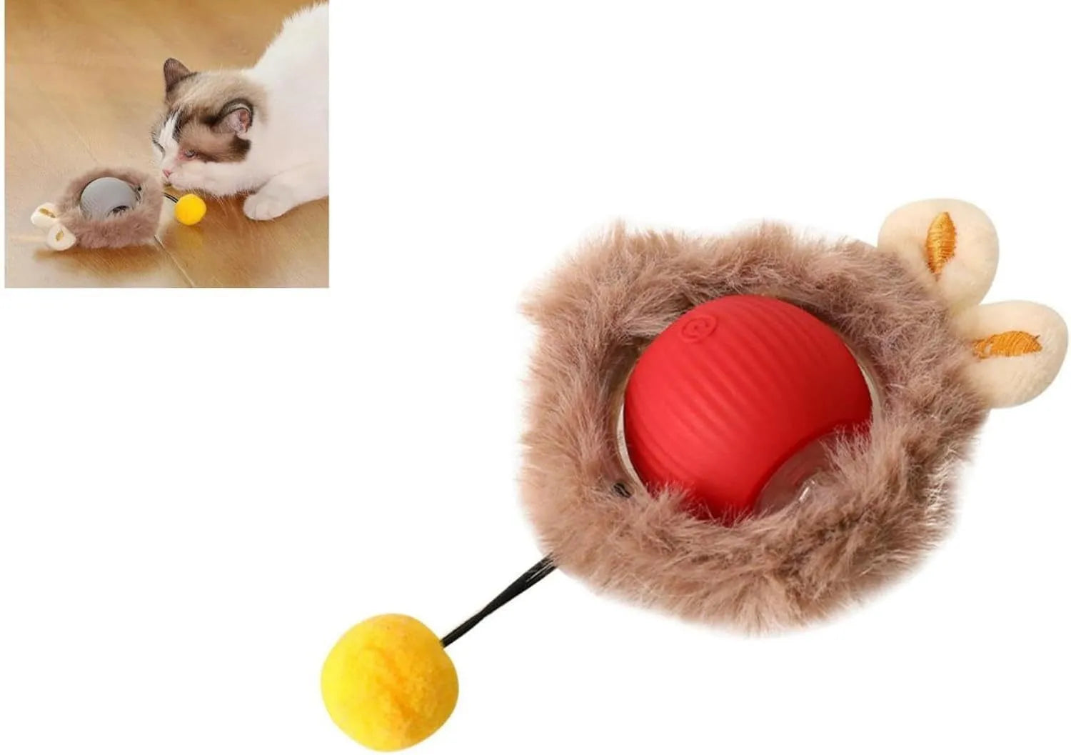 Automatic rotating pet ball with string in grey, green, and red colours for dogs and cats
